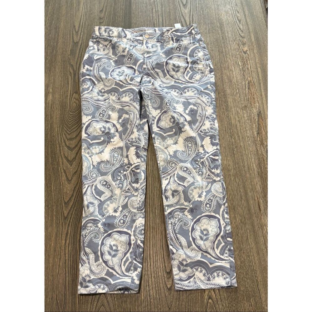 Chico's Perfect Stretch Girlfriend Slim Leg Ankle Pants Paisley Blue/White Sz 1